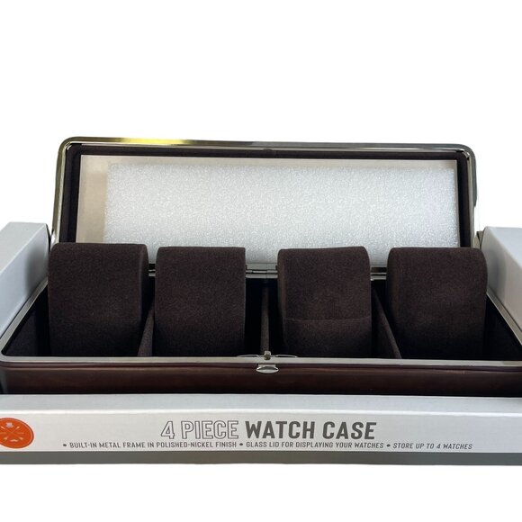 4 Piece Watch Case - Built-In Metal Frame Polished Nickel Finish Glass Lid NWT - Picture 1 of 11
